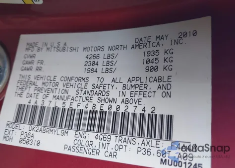 2011 Mitsubishi Eclipse Spyder Gs Sport from USA, damaged, VIN 4A37L5EF4BE002742